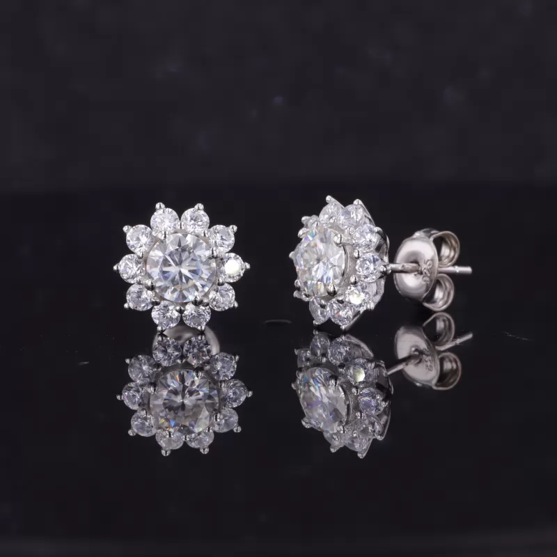 5mm Round Brilliant Cut Moissanite Halo Set S925 Sterling Silver Diamond Stud Earrings