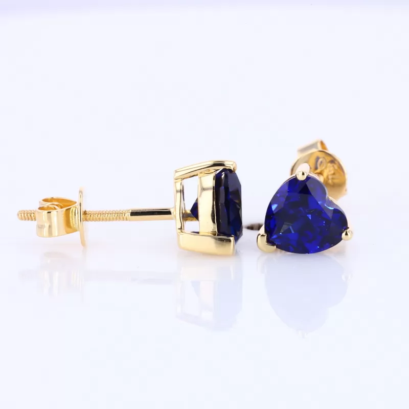 6×6mm Heart Cut Lab Grown Sapphire 18K Yellow Gold Diamond Stud Earrings