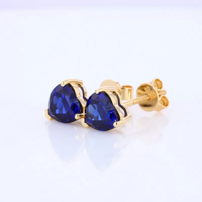 6×6mm Heart Cut Lab Grown Sapphire 18K Yellow Gold Diamond Stud Earrings