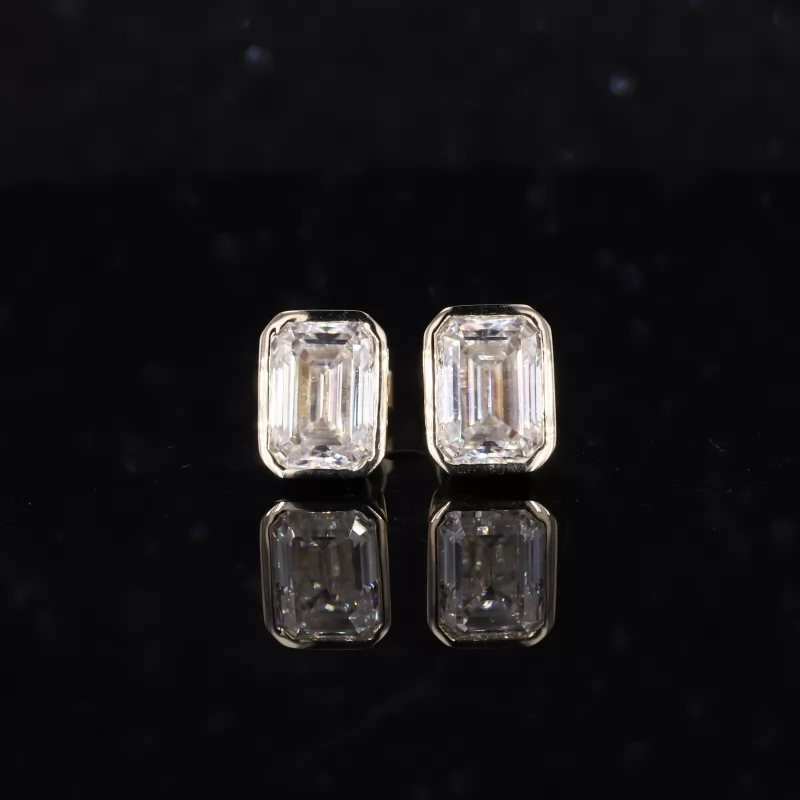 5×7mm Octagon Emerald Cut Moissanite Bezel Set 14K Yellow Gold Diamond Stud Earrings