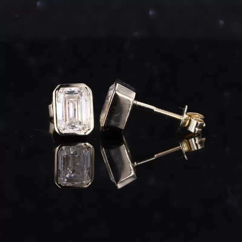 5×7mm Octagon Emerald Cut Moissanite Bezel Set 14K Yellow Gold Diamond Stud Earrings
