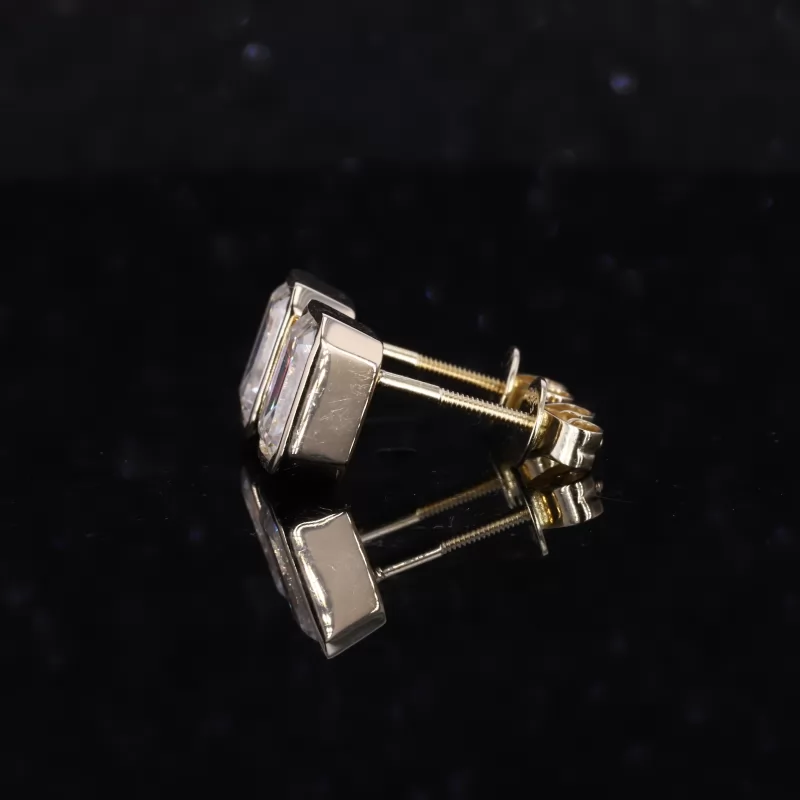 5×7mm Octagon Emerald Cut Moissanite Bezel Set 14K Yellow Gold Diamond Stud Earrings