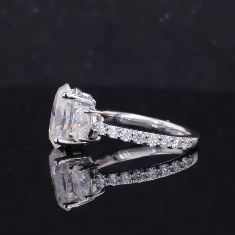 7×11mm Oval Cut Moissanite 18K White Gold Three Stone Engagement Ring