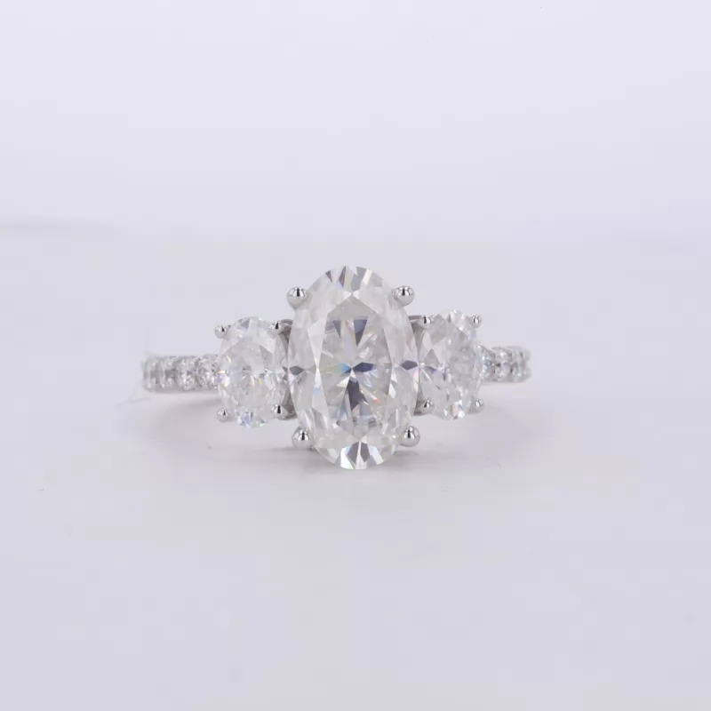 7×11mm Oval Cut Moissanite 18K White Gold Three Stone Engagement Ring