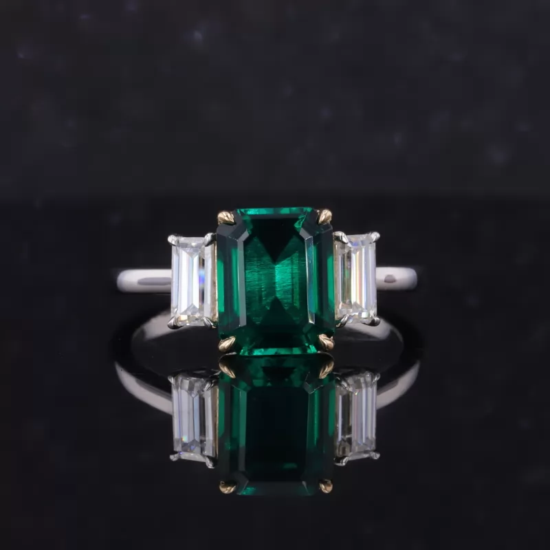 10×8mm Octagon Emerald Cut Lab Grown Emerald 14K White Gold Three Stone Engagement Ring