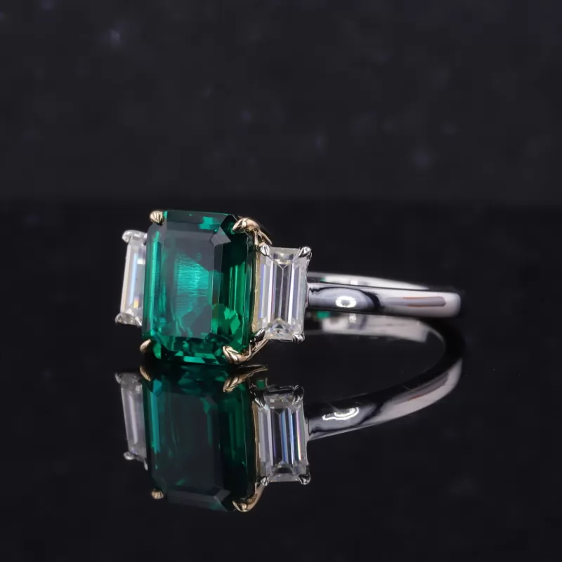 10×8mm Octagon Emerald Cut Lab Grown Emerald 14K White Gold Three Stone Engagement Ring