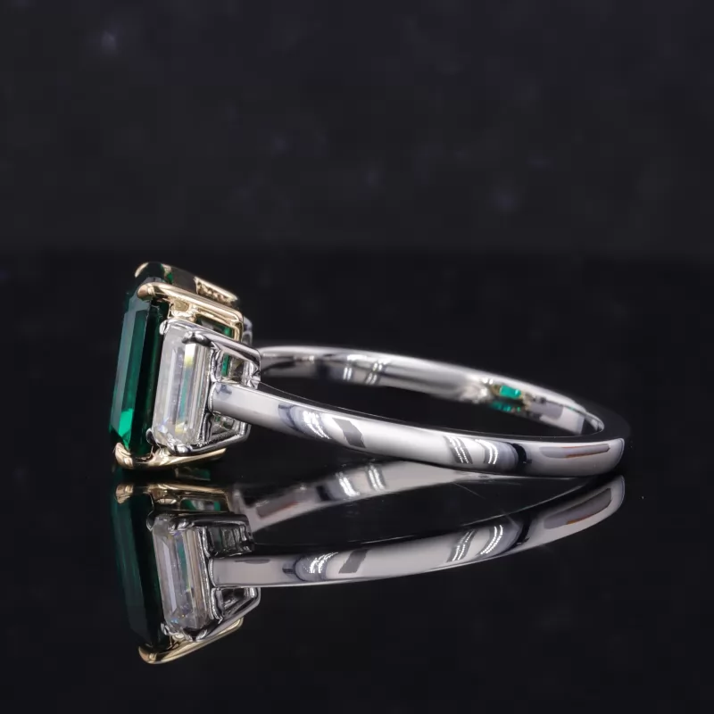 10×8mm Octagon Emerald Cut Lab Grown Emerald 14K White Gold Three Stone Engagement Ring