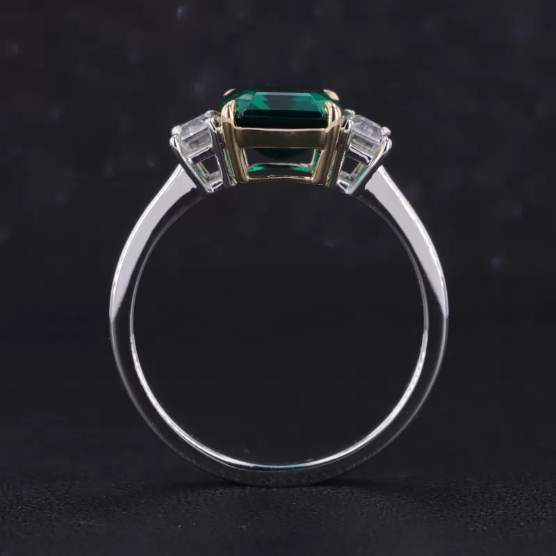 10×8mm Octagon Emerald Cut Lab Grown Emerald 14K White Gold Three Stone Engagement Ring