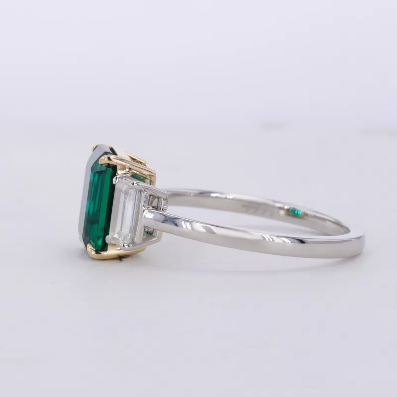 10×8mm Octagon Emerald Cut Lab Grown Emerald 14K White Gold Three Stone Engagement Ring