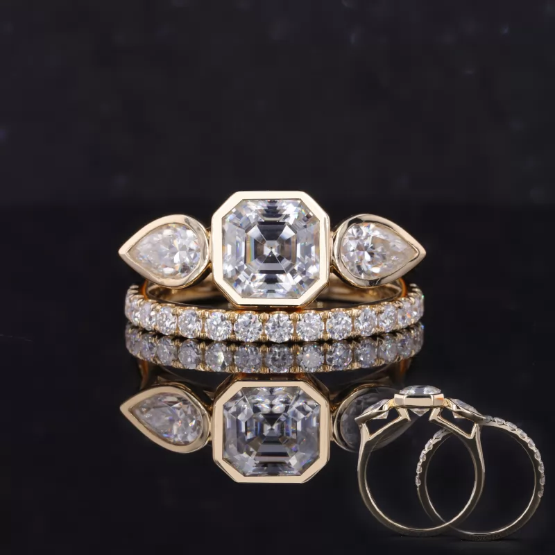 7×7mm Asscher Cut Moissanite Bezel Set 14K Yellow Gold Three Stone Engagement Ring Set
