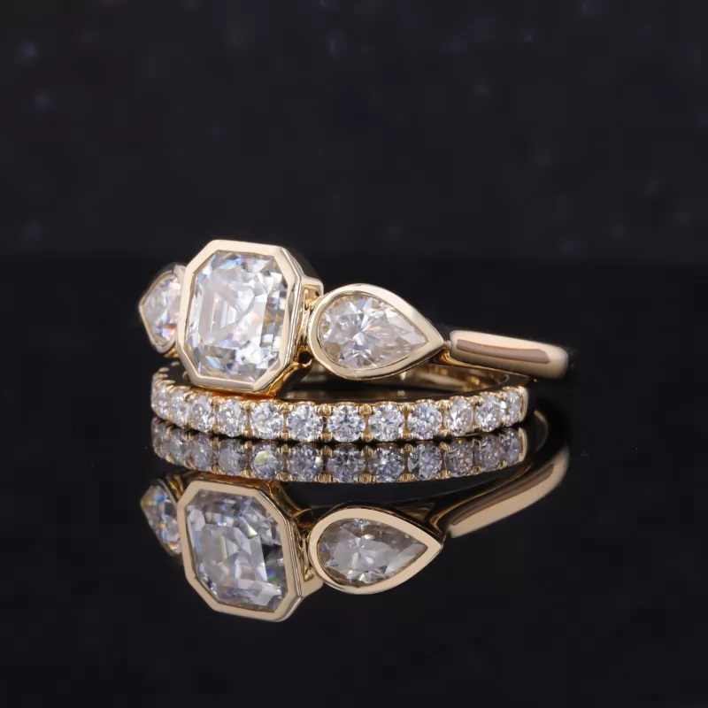 7×7mm Asscher Cut Moissanite Bezel Set 14K Yellow Gold Three Stone Engagement Ring Set