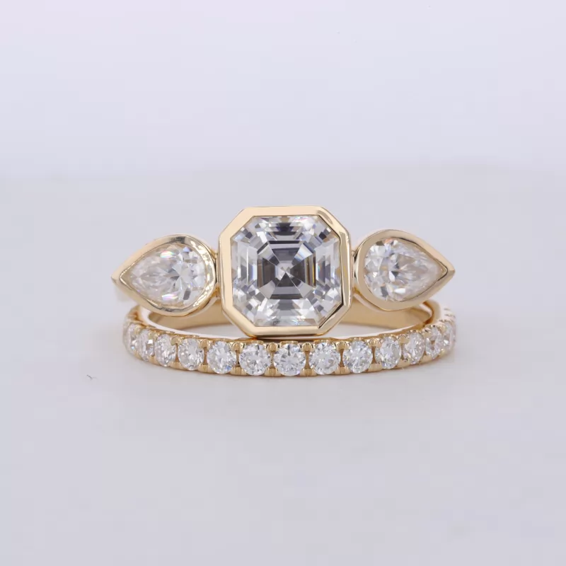 7×7mm Asscher Cut Moissanite Bezel Set 14K Yellow Gold Three Stone Engagement Ring Set