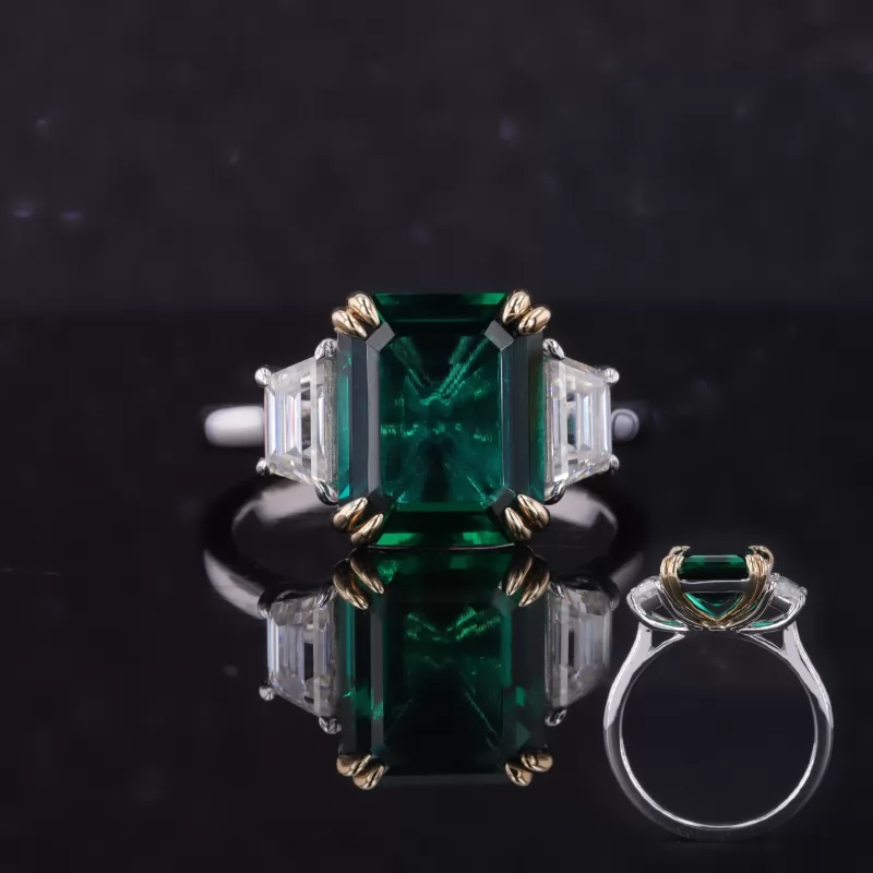 9×11mm Octagon Emerald Cut Lab Grown Emerald 14K White Gold Three Stone Engagement Ring