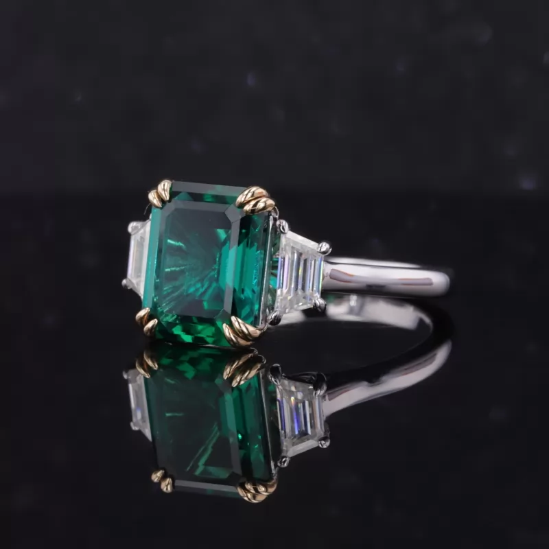 9×11mm Octagon Emerald Cut Lab Grown Emerald 14K White Gold Three Stone Engagement Ring