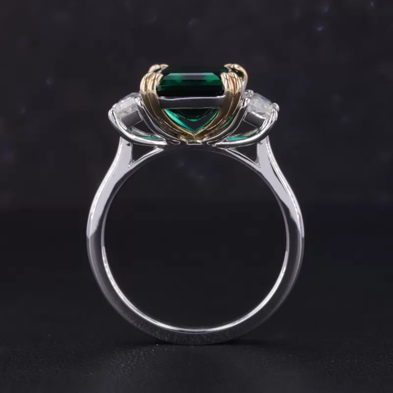 9×11mm Octagon Emerald Cut Lab Grown Emerald 14K White Gold Three Stone Engagement Ring