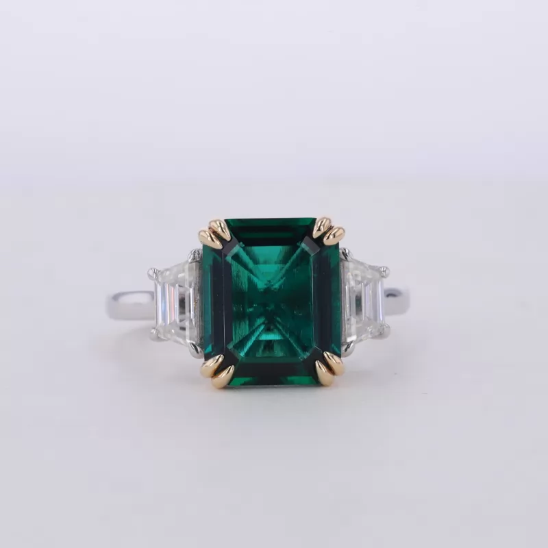 9×11mm Octagon Emerald Cut Lab Grown Emerald 14K White Gold Three Stone Engagement Ring