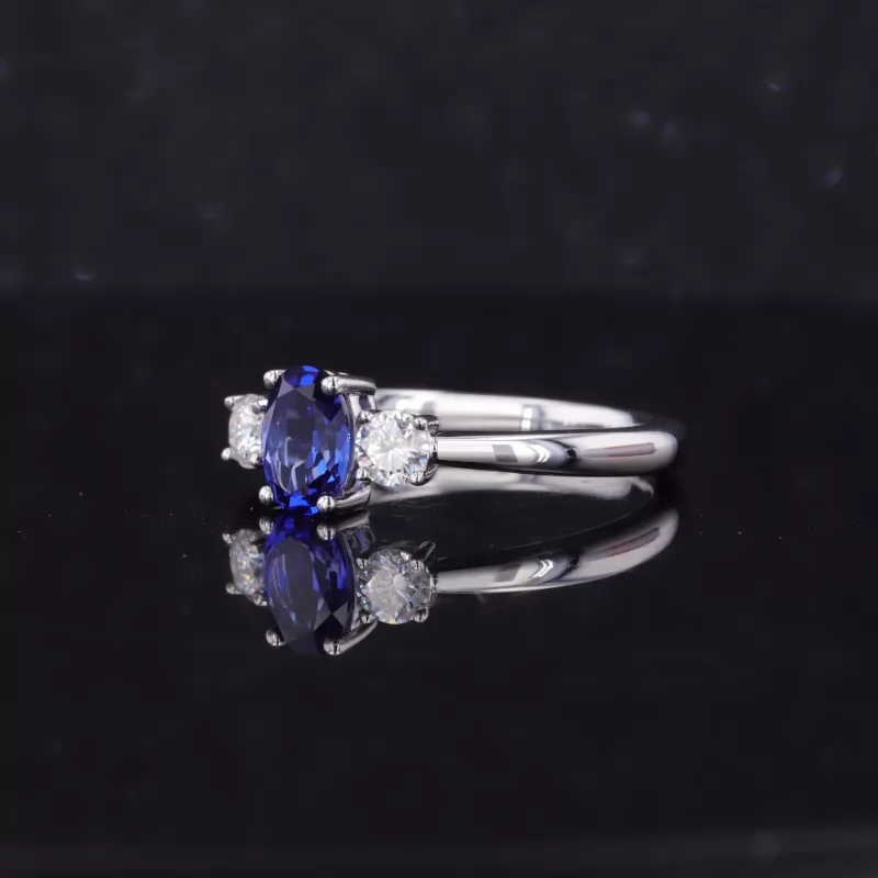 5×7mm Oval Cut Lab Grown Sapphire 14K White Gold Three Stone Engagement Ring