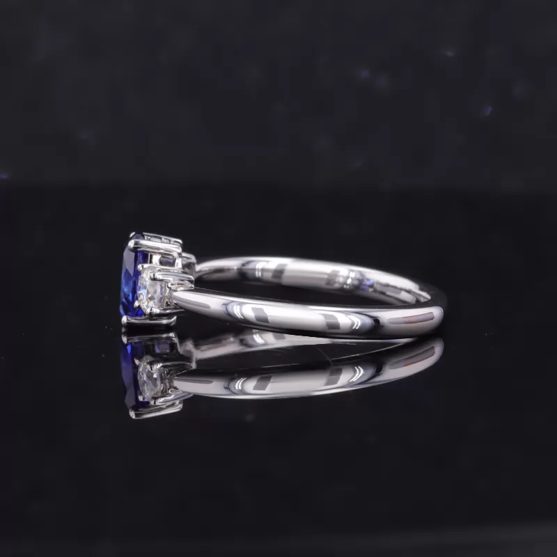 5×7mm Oval Cut Lab Grown Sapphire 14K White Gold Three Stone Engagement Ring