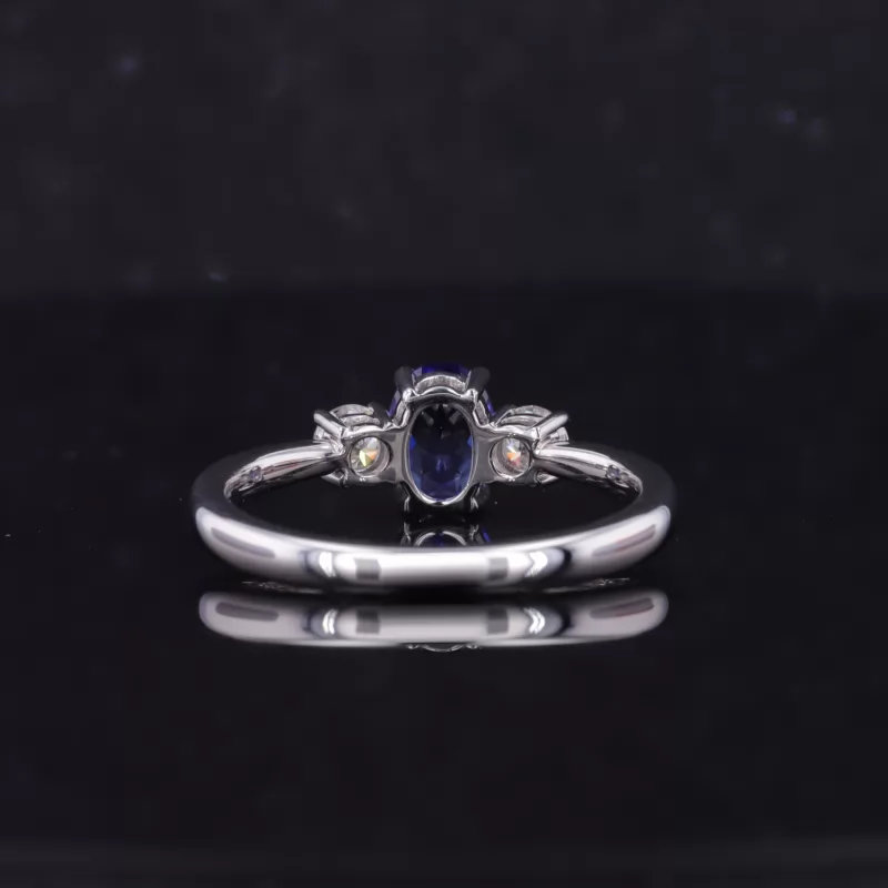 5×7mm Oval Cut Lab Grown Sapphire 14K White Gold Three Stone Engagement Ring