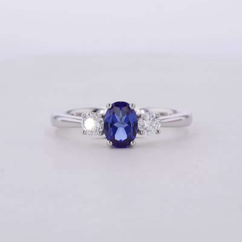 5×7mm Oval Cut Lab Grown Sapphire 14K White Gold Three Stone Engagement Ring