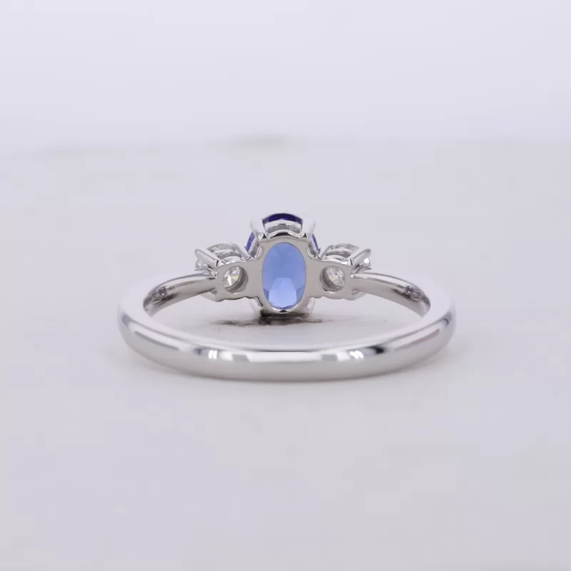 5×7mm Oval Cut Lab Grown Sapphire 14K White Gold Three Stone Engagement Ring