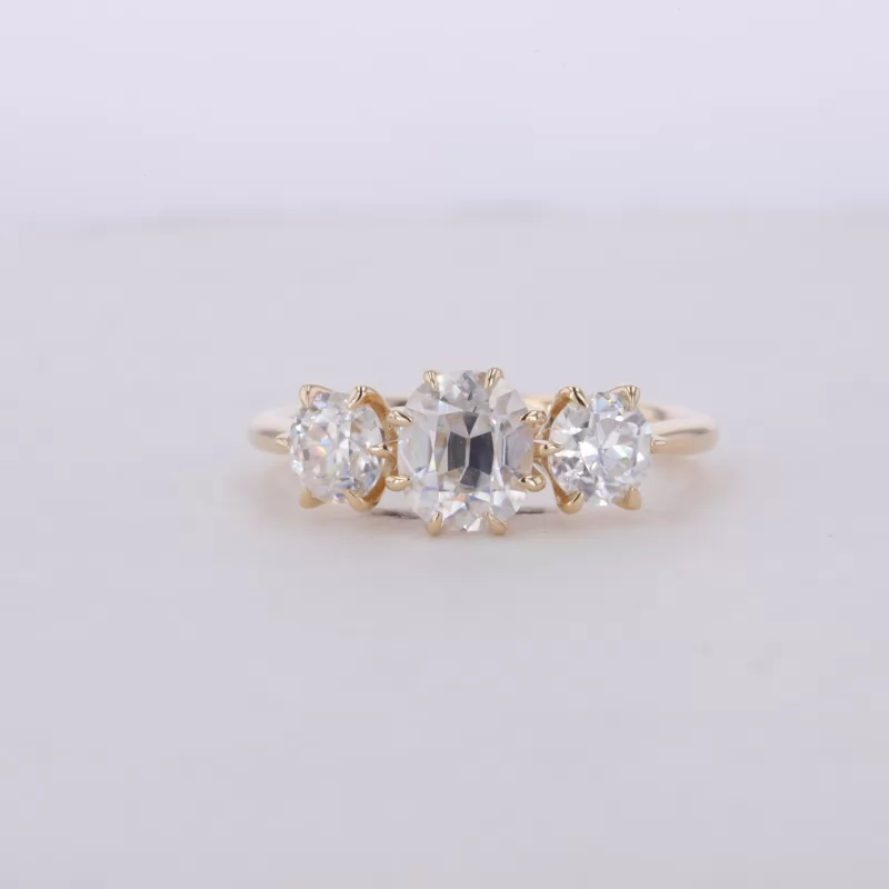 5.5×6.5mm Oval Cut Moissanite 10K Yellow Gold Three Stone Engagement Ring