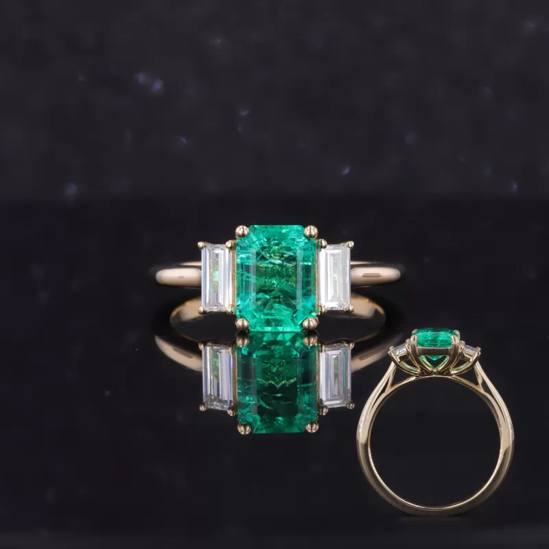 6×8mm Octagon Emerald Cut Lab Grown Emerald 10K Yellow Gold Three Stone Engagement Ring