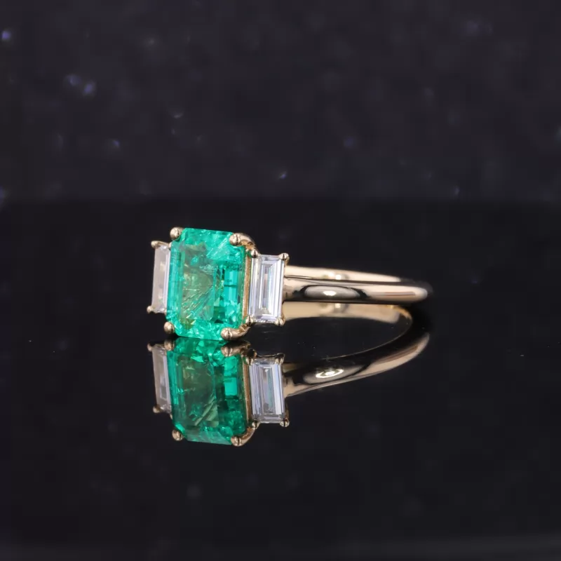 6×8mm Octagon Emerald Cut Lab Grown Emerald 10K Yellow Gold Three Stone Engagement Ring