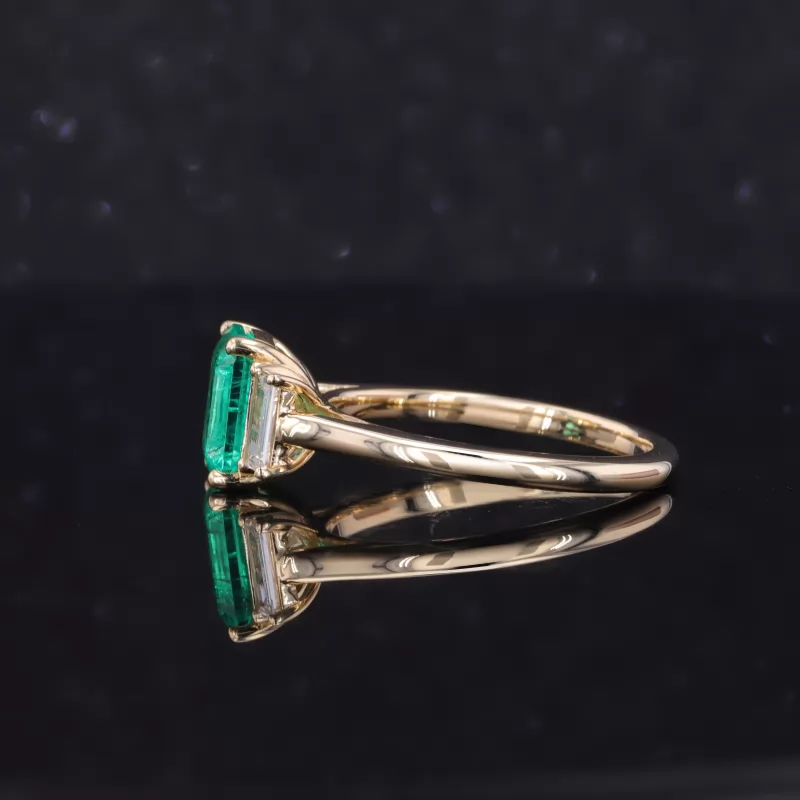 6×8mm Octagon Emerald Cut Lab Grown Emerald 10K Yellow Gold Three Stone Engagement Ring