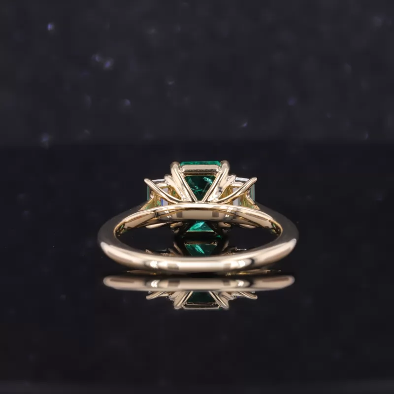 6×8mm Octagon Emerald Cut Lab Grown Emerald 10K Yellow Gold Three Stone Engagement Ring