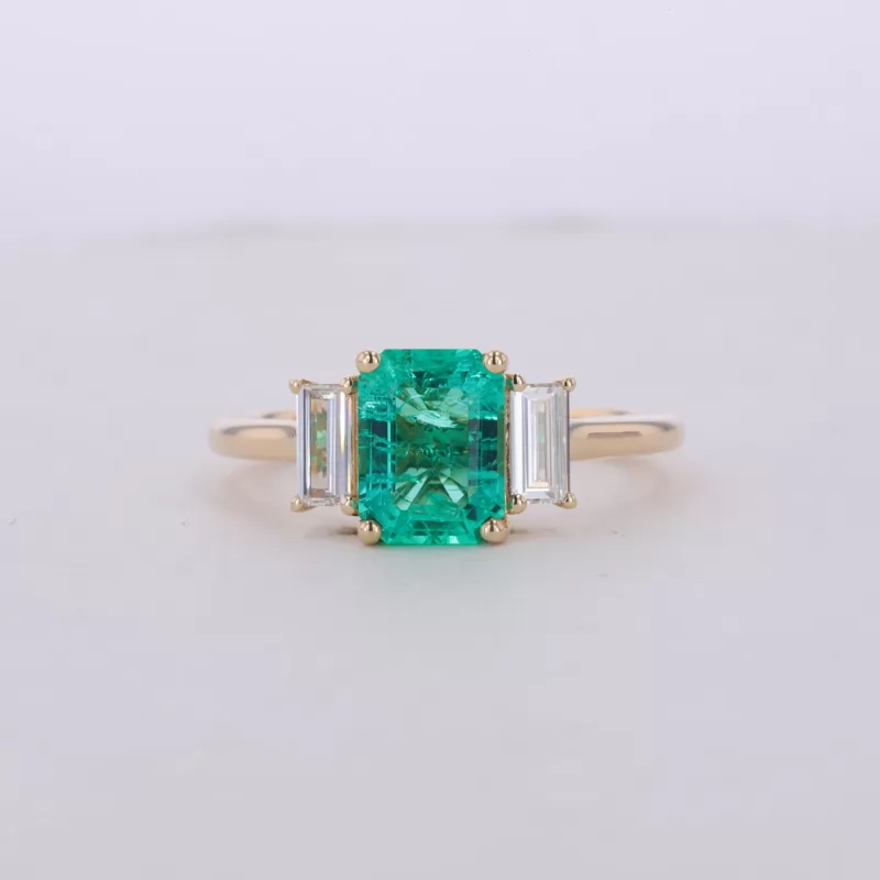 6×8mm Octagon Emerald Cut Lab Grown Emerald 10K Yellow Gold Three Stone Engagement Ring