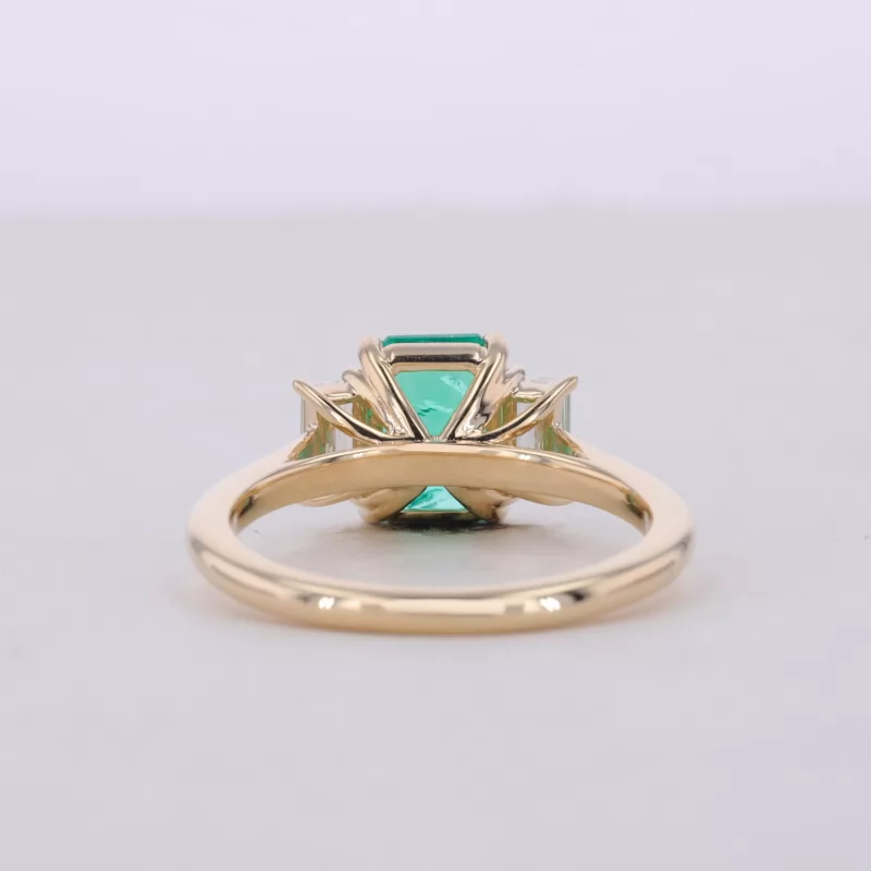 6×8mm Octagon Emerald Cut Lab Grown Emerald 10K Yellow Gold Three Stone Engagement Ring