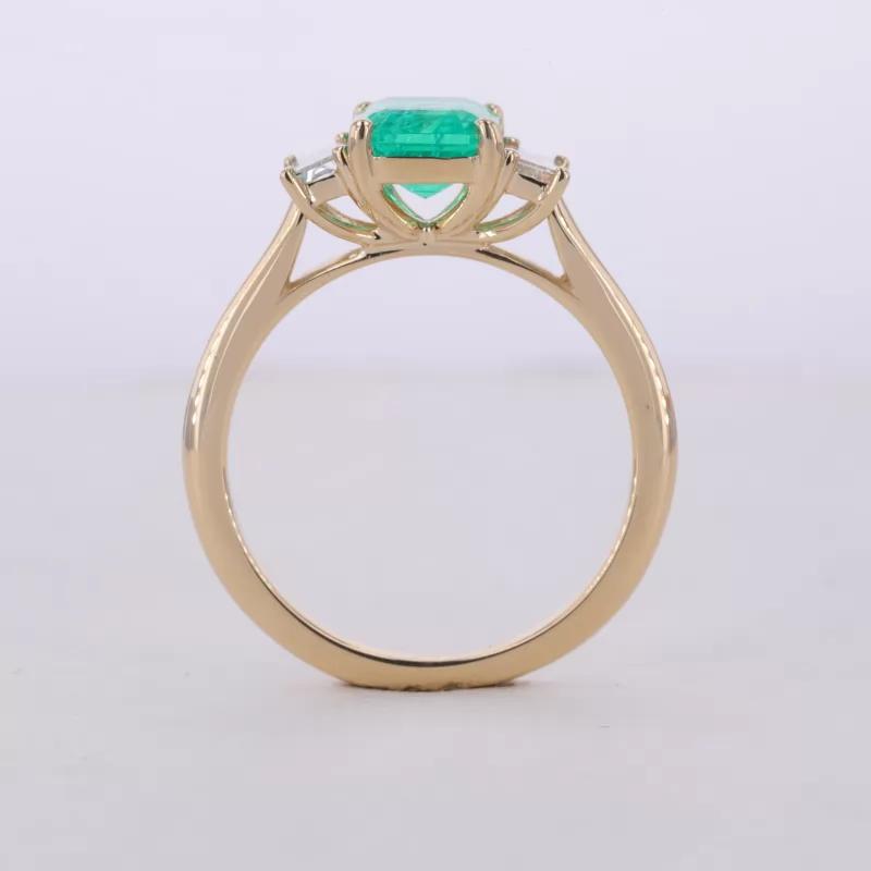 6×8mm Octagon Emerald Cut Lab Grown Emerald 10K Yellow Gold Three Stone Engagement Ring