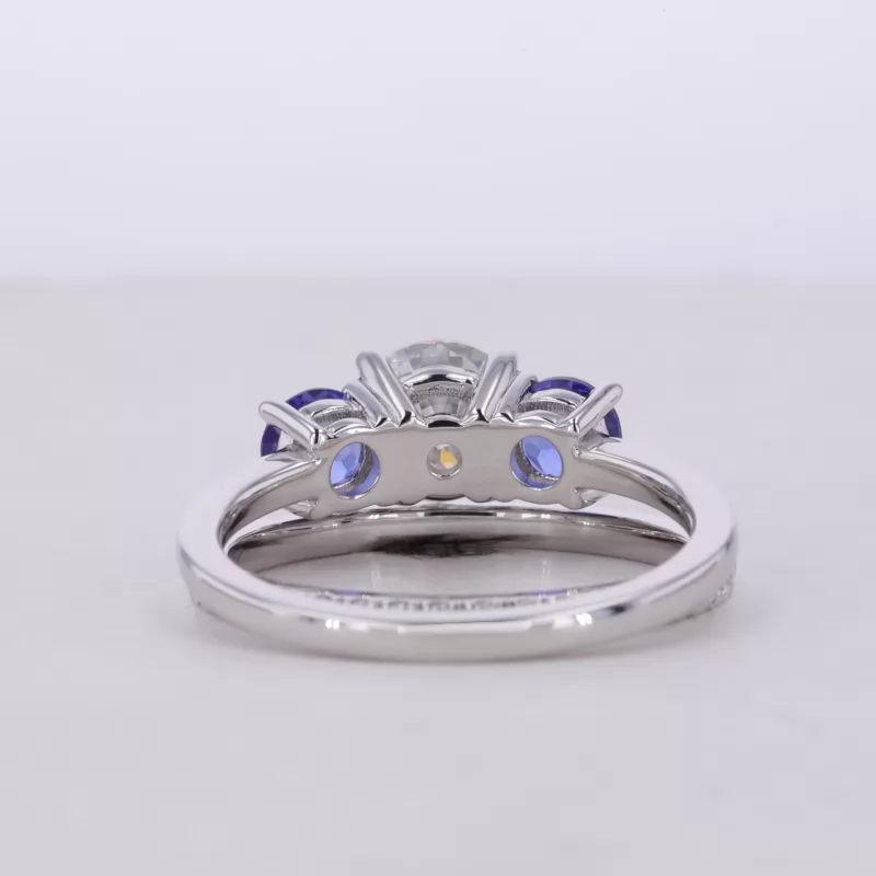 7.5mm Round Brilliant Cut Moissanite S925 Sterling Silver Three Stone Engagement Ring Set