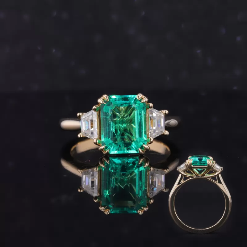 7×9mm Octagon Emerald Cut Lab Grown Emerald 9K Yellow Gold Three Stone Engagement Ring