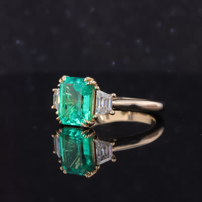 7×9mm Octagon Emerald Cut Lab Grown Emerald 9K Yellow Gold Three Stone Engagement Ring