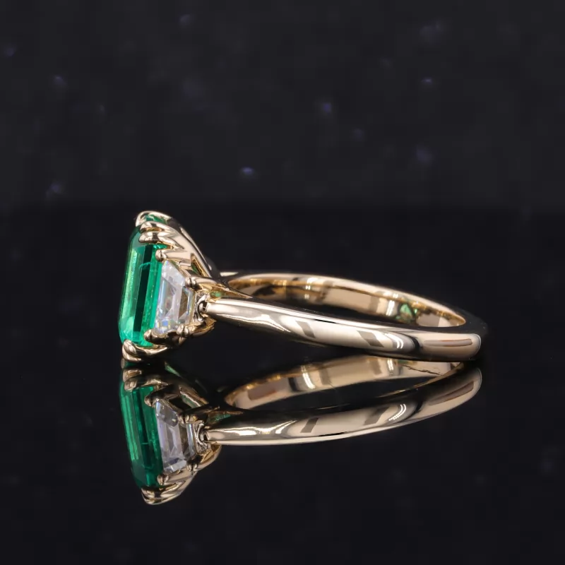 7×9mm Octagon Emerald Cut Lab Grown Emerald 9K Yellow Gold Three Stone Engagement Ring