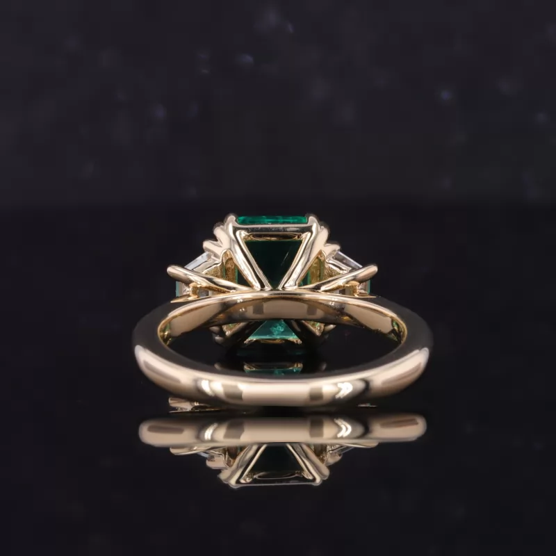 7×9mm Octagon Emerald Cut Lab Grown Emerald 9K Yellow Gold Three Stone Engagement Ring