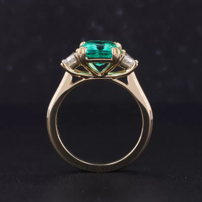 7×9mm Octagon Emerald Cut Lab Grown Emerald 9K Yellow Gold Three Stone Engagement Ring