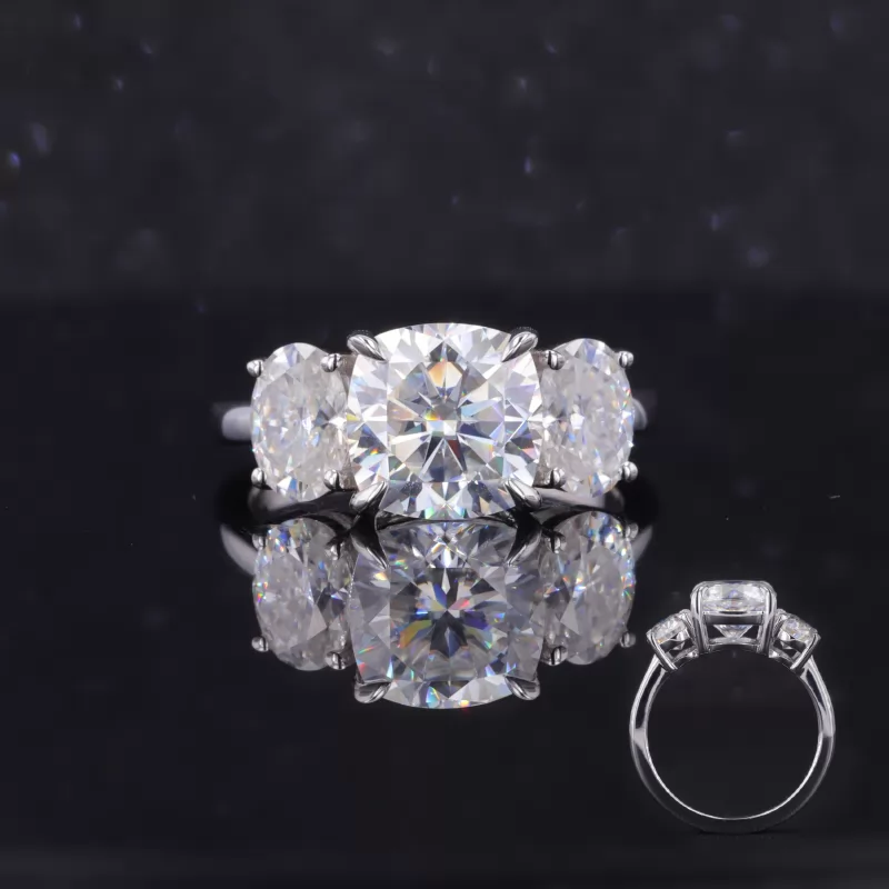 8.5×8.5mm Cushion Cut Moissanite S925 Sterling Silver Three Stone Engagement Ring