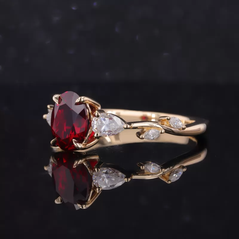 7×9mm Oval Cut Lab Grown Ruby 14K Yellow Gold Three Stone Engagement Ring