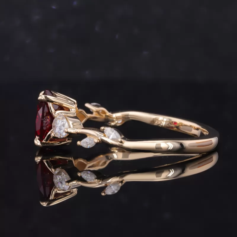 7×9mm Oval Cut Lab Grown Ruby 14K Yellow Gold Three Stone Engagement Ring
