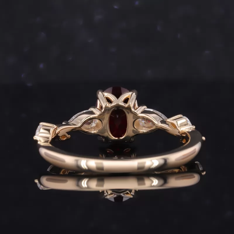 7×9mm Oval Cut Lab Grown Ruby 14K Yellow Gold Three Stone Engagement Ring