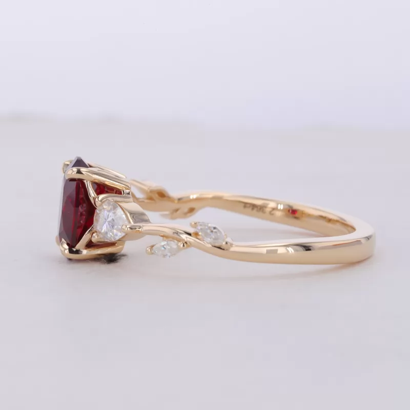 7×9mm Oval Cut Lab Grown Ruby 14K Yellow Gold Three Stone Engagement Ring