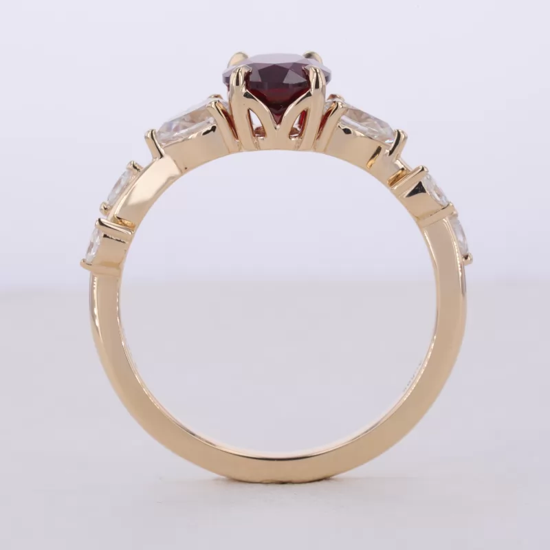 7×9mm Oval Cut Lab Grown Ruby 14K Yellow Gold Three Stone Engagement Ring