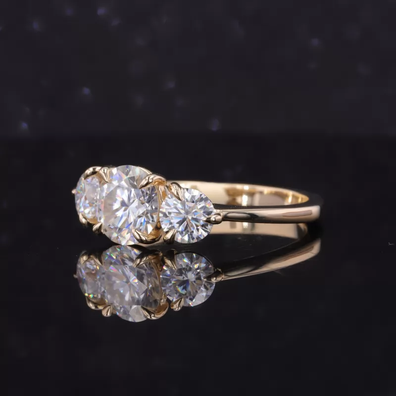 7.3mm Round Brilliant Cut Moissanite 10K Yellow Gold Three Stone Engagement Ring