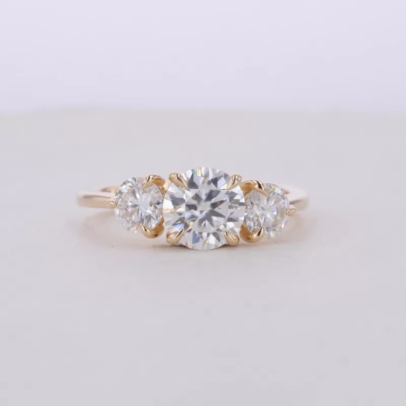 7.3mm Round Brilliant Cut Moissanite 10K Yellow Gold Three Stone Engagement Ring