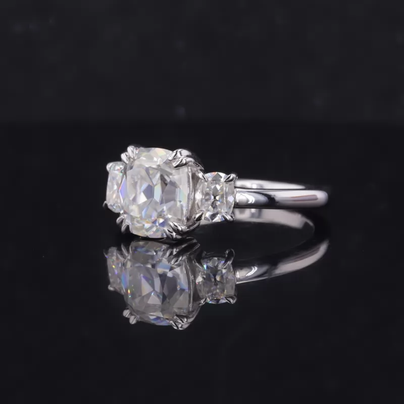 7×8mm Cushion Cut Moissanite 14K White Gold Three Stone Engagement Ring