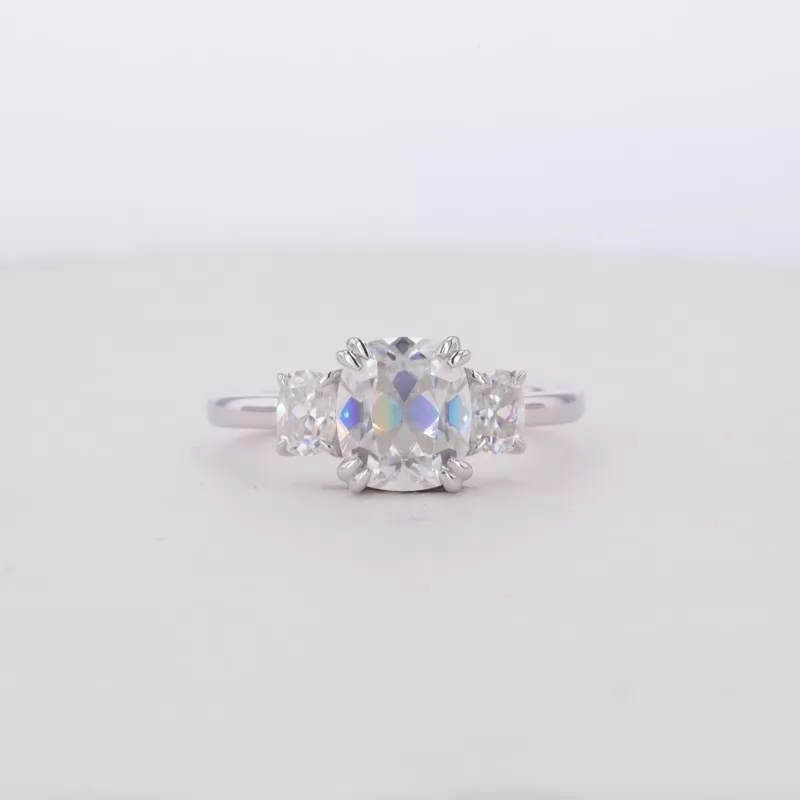 7×8mm Cushion Cut Moissanite 14K White Gold Three Stone Engagement Ring