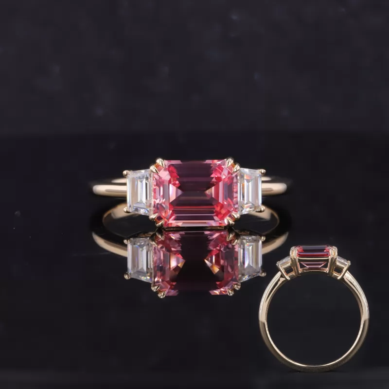 9×7mm Octagon Emerald Cut Lab Grown Padparadscha Sapphire 10K Yellow Gold Three Stone Engagement Ring